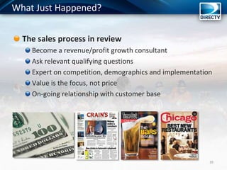 The sales process in review
Become a revenue/profit growth consultant
Ask relevant qualifying questions
Expert on competition, demographics and implementation
Value is the focus, not price
On-going relationship with customer base
39
What Just Happened?
 
