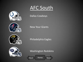AFC South
Dallas Cowboys



New Your Giants



Philadelphia Eagles



Washington Redskins

Back   Home   Next
 