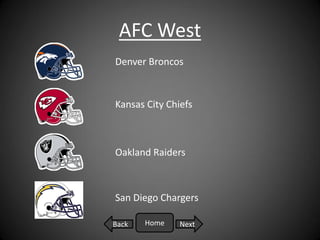 AFC West
Denver Broncos



Kansas City Chiefs



Oakland Raiders



San Diego Chargers

Back   Home    Next
 