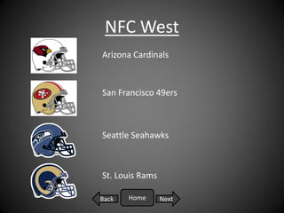NFC West
Arizona Cardinals



San Francisco 49ers



Seattle Seahawks



St. Louis Rams

Back   Home      Next
 