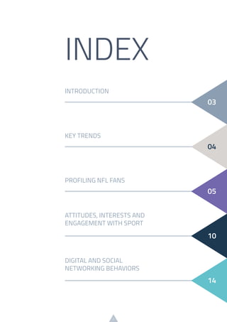 2
INDEX
INTRODUCTION
KEY TRENDS
PROFILING NFL FANS
ATTITUDES, INTERESTS AND
ENGAGEMENT WITH SPORT
DIGITAL AND SOCIAL
NETWORKING BEHAVIORS
03
04
05
10
14
 
