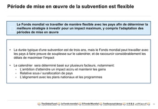 11
Période de mise en oeuvre de la subvention est flexible
Le Fonds mondial va travailler de manière flexible avec les pays afin de déterminer la
meilleure stratégie à investir pour un impact maximum, y compris l'adaptation des
périodes de mise en oeuvre
• La durée typique d'une subvention est de trois ans, mais le Fonds mondial peut travailler avec
les pays à faire preuve de souplesse sur le calendrier, et de raccourcir considérablement les
délais de maximiser l'impact
• Le calendrier sera déterminé basé sur plusieurs facteurs, notamment:
- L’ambition d'atteindre un impact accru et maintenir les gains
- Relative sous-/ surallocation de pays
- L'alignement avec les plans nationaux et les programmes