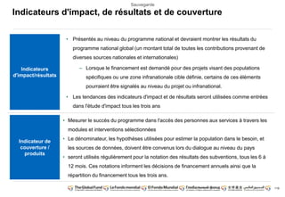 119
Sauvegarde
Indicateurs d'impact, de résultats et de couverture
• Présentés au niveau du programme national et devraient montrer les résultats du
programme national global (un montant total de toutes les contributions provenant de
diverses sources nationales et internationales)
– Lorsque le financement est demandé pour des projets visant des populations
spécifiques ou une zone infranationale cible définie, certains de ces éléments
pourraient être signalés au niveau du projet ou infranational.
• Les tendances des indicateurs d'impact et de résultats seront utilisées comme entrées
dans l'étude d'impact tous les trois ans
Indicateurs
d'impact/résultats
Indicateur de
couverture /
produits
• Mesurer le succès du programme dans l'accès des personnes aux services à travers les
modules et interventions sélectionnées
• Le dénominateur, les hypothèses utilisées pour estimer la population dans le besoin, et
les sources de données, doivent être convenus lors du dialogue au niveau du pays
• seront utilisés régulièrement pour la notation des résultats des subventions, tous les 6 à
12 mois. Ces notations informent les décisions de financement annuels ainsi que la
répartition du financement tous les trois ans.