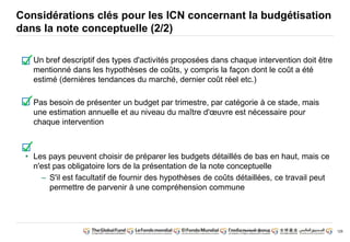 126
Considérations clés pour les ICN concernant la budgétisation
dans la note conceptuelle (2/2)
• Un bref descriptif des types d'activités proposées dans chaque intervention doit être
mentionné dans les hypothèses de coûts, y compris la façon dont le coût a été
estimé (dernières tendances du marché, dernier coût réel etc.)
• Pas besoin de présenter un budget par trimestre, par catégorie à ce stade, mais
une estimation annuelle et au niveau du maître d'oeuvre est nécessaire pour
chaque intervention
• Les pays peuvent choisir de préparer les budgets détaillés de bas en haut, mais ce
n'est pas obligatoire lors de la présentation de la note conceptuelle
– S'il est facultatif de fournir des hypothèses de coûts détaillées, ce travail peut
permettre de parvenir à une compréhension commune
