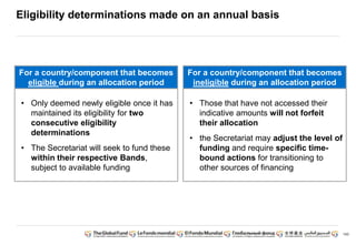 143
Eligibility determinations made on an annual basis
For a country/component that becomes
eligible during an allocation period
• Only deemed newly eligible once it has
maintained its eligibility for two
consecutive eligibility
determinations
• The Secretariat will seek to fund these
within their respective Bands,
subject to available funding
For a country/component that becomes
ineligible during an allocation period
• Those that have not accessed their
indicative amounts will not forfeit
their allocation
• the Secretariat may adjust the level of
funding and require specific time-bound
actions for transitioning to
other sources of financing