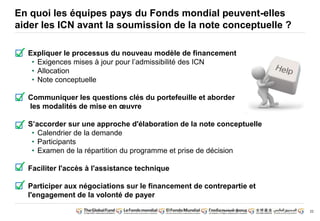 22
En quoi les équipes pays du Fonds mondial peuvent-elles
aider les ICN avant la soumission de la note conceptuelle ?
Expliquer le processus du nouveau modèle de financement
• Exigences mises à jour pour l’admissibilité des ICN
• Allocation
• Note conceptuelle
Communiquer les questions clés du portefeuille et aborder
les modalités de mise en oeuvre
S’accorder sur une approche d'élaboration de la note conceptuelle
• Calendrier de la demande
• Participants
• Examen de la répartition du programme et prise de décision
Faciliter l'accès à l'assistance technique
Participer aux négociations sur le financement de contrepartie et
l'engagement de la volonté de payer