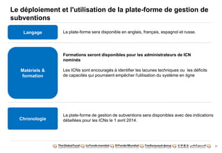 31
Le déploiement et l'utilisation de la plate-forme de gestion de
subventions
Langage
Matériels &
formation
Chronologie
La plate-forme sera disponible en anglais, français, espagnol et russe.
Formations seront disponibles pour les administrateurs de ICN
nominés
Les ICNs sont encouragés à identifier les lacunes techniques ou les déficits
de capacités qui pourraient empêcher l'utilisation du système en ligne
La plate-forme de gestion de subventions sera disponibles avec des indications
détaillées pour les ICNs le 1 avril 2014.