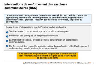 53
Interventions de renforcement des systèmes
communautaires (RSC)
Le renforcement des systèmes communautaires (RSC) est définie comme un
approche qui favorise le développement de communautés, organisations
communautaires, groupes, réseaux et structures informées, capables et
coordonnés.
Quatre types d’interventions que le Fonds mondial soutiendra:
Suivi au niveau communautaire pour la reddition de comptes
Promotion des politiques de responsabilité sociale
La mobilisation sociale, création de liens, collaboration et coordination
communautaire.
Renforcement des capacités institutionnelles, la planification et le développement
du leadership dans le secteur de la communauté
1
2
3
4
Les services de prestation dirigés par la communauté
sont maintenant pleinement intégrés dans les modules
de services de santé
