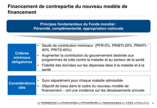 95
Financement de contrepartie du nouveau modèle de
financement
Principes fondamentaux du Fonds mondial :
Pérennité, complémentarité, appropriation nationale
• Seuils de contribution minimaux (PFR-5%, PRIBTI-20%, PRIHTI-
40%, PRITS-60%)
• Augmenter la contribution du gouvernement destinée aux
programmes de lutte contre la maladie et au secteur de la santé
• Fiabilité des données sur les dépenses liées à la maladie et à la
santé
Critères
minimaux
obligatoires
• Suivi séparément pour chaque maladie admissible
• Objectif de base dans le cadre du nouveau modèle de
financement – ont une incidence sur les décaissements annuels
Considérations
clés