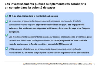 100
Les investissements publics supplémentaires seront pris
en compte dans la volonté de payer
• 15 % au plus, inclus dans le montant alloué au pays
• Le niveau des engagements du gouvernement nécessaire pour accéder à toute la
composante Volonté de payer dépendra de l'allocation du pays, des engagements
existants, des tendances des dépenses antérieures, du revenu du pays et de l'espace
budgétaire.
• Les investissements supplémentaires requis pour accéder à l'allocation liée à volonté de payer
peuvent être hiérarchisés par le gouvernement pour tout programme de lutte contre la
maladie soutenu par le Fonds mondial, y compris le RSS concerné
• L'ICN présente officiellement les engagements du gouvernement envers le Fonds
mondialavant ou en même temps que la soumission de la première note conceptuelle