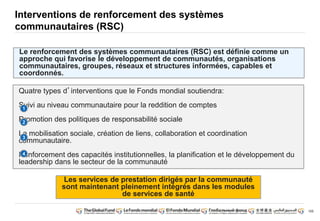 105 
Interventions de renforcement des systèmes 
communautaires (RSC) 
Le renforcement des systèmes communautaires (RSC) est définie comme un 
approche qui favorise le développement de communautés, organisations 
communautaires, groupes, réseaux et structures informées, capables et 
coordonnés. 
Quatre types d’interventions que le Fonds mondial soutiendra: 
Suivi au niveau communautaire pour la reddition de comptes 
1 
Promotion des politiques de responsabilité sociale 
2 
La mobilisation sociale, création de liens, collaboration et coordination 
communautaire. 
3 
Renforcement 4 
des capacités institutionnelles, la planification et le développement du 
leadership dans le secteur de la communauté 
Les services de prestation dirigés par la communauté 
sont maintenant pleinement intégrés dans les modules 
de services de santé 
 