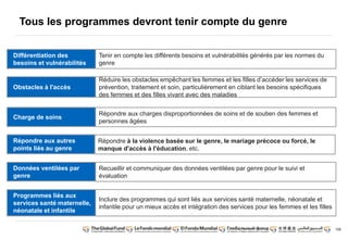 106 
Tous les programmes devront tenir compte du genre 
Différentiation des 
besoins et vulnérabilités 
Obstacles à l'accès 
Charge de soins 
Répondre aux autres 
points liés au genre 
Données ventilées par 
genre 
Programmes liés aux 
services santé maternelle, 
néonatale et infantile 
Tenir en compte les différents besoins et vulnérabilités générés par les normes du 
genre 
Réduire les obstacles empêchant les femmes et les filles d’accéder les services de 
prévention, traitement et soin, particulièrement en ciblant les besoins spécifiques 
des femmes et des filles vivant avec des maladies 
Répondre aux charges disproportionnées de soins et de soutien des femmes et 
personnes âgées 
Répondre à la violence basée sur le genre, le mariage précoce ou forcé, le 
manque d'accès à l'éducation, etc. 
Recueillir et communiquer des données ventilées par genre pour le suivi et 
évaluation 
Inclure des programmes qui sont liés aux services santé maternelle, néonatale et 
infantile pour un mieux accès et intégration des services pour les femmes et les filles 
 