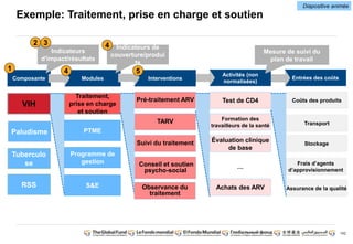 Diapositive animée 
Mesure de suivi du 
Entrées des coûts 
Coûts des produits 
Transport 
Stockage 
Assurance de la qualité 
142 
Frais d’agents 
d’approvisionnement 
Exemple: Traitement, prise en charge et soutien 
Activités (non 
normalisées) 
Test de CD4 
Formation des 
travailleurs de la santé 
Évaluation clinique 
de base 
.... 
Achats des ARV 
plan de travail 
2 3 
Composante 
VIH 
Paludisme 
Tuberculo 
se 
RSS 
1 
Indicateurs 
d'impact/résultats 
Modules 
Traitement, 
prise en charge 
et soutien 
PTME 
Programme de 
gestion 
S&E 
Indicateurs de 
couverture/produi 
ts 
4 
4 
Interventions 
Pré-traitement ARV 
TARV 
Suivi du traitement 
Conseil et soutien 
psycho-social 
Observance du 
traitement 
5 
 