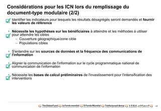 145 
Considérations pour les ICN lors du remplissage du 
document-type modulaire (2/2) 
• Identifier les indicateurs pour lesquels les résultats désagrégés seront demandés et fournir 
les valeurs de référence 
• Nécessite les hypothèses sur les bénéficiaires à atteindre et les méthodes à utiliser 
pour atteindre les cibles 
– Couverture géographique/zone cible 
– Populations cibles 
• S'entendre sur les sources de données et la fréquence des communications de 
l'information 
• Aligner la communication de l'information sur le cycle programmatique national de 
communication de l'information 
• Nécessite les bases de calcul préliminaires de l'investissement pour l'intensification des 
interventions 
 