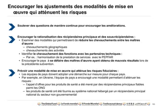 153 
Encourager les ajustements des modalités de mise en 
oeuvre qui atténuent les risques 
Soulever des questions de manière continue pour encourager les améliorations. 
Encourager la rationalisation des récipiendaires principaux et des sous-récipiendaires : 
• Examiner des modalités qui permettraient de réduire les chevauchements entre les maîtres 
d’oeuvre : 
– chevauchements géographiques 
– chevauchements des activités 
• Identifier le chevauchement des fonctions avec les partenaires techniques : 
– Par ex. : harmonisation de la prestation de services avec le PEPFAR 
• Encourager le pays à se défaire des maîtres d’oeuvre ayant obtenu de mauvais résultats lors de 
la précédente subvention. 
Prévoir une modalité de mise en oeuvre qui atténue les risques fiduciaires : 
• Les équipes de pays doivent adopter une démarche sur mesure pour chaque pays. 
• Par exemple, en Ukraine, l’équipe de pays a encouragé une modalité permettant d’atténuer les 
risques : 
– l’appel d’offres pour les produits de santé a été mené par des récipiendaires principaux fiables 
parmi les ONG 
– les produits de santé ont été fournis au système national hébergé par un récipiendaire principal 
national du secteur non gouvernemental 
 