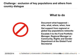 19 
Challenge : exclusion of key populations and others from 
country dialogue 
What to do 
Document what happened – 
who, what, where, when, how 
Get support from regional or 
global key populations networks 
Escalate it to the Fund Portfolio 
Manager, Regional Manager or 
Community, Rights and Gender 
Department at the Global Fund 
Secretariat 
20/09/2014 19 
 