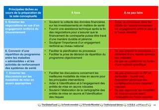 190 
Principales tâches au 
cours de la préparation de 
la note conceptuelle 
À faire À ne pas faire 
5. Entamer les 
négociations en vue d’un 
engagement renforcé du 
Gouvernement 
• Soutenir la collecte des données financières 
sur les investissements en matière de santé 
• Fournir une assistance technique après la fin 
des négociations pour s’assurer que le 
financement de contrepartie puisse être tracé 
d’une manière durable et pérenne 
• Souligner l’importance d’un engagement 
renforcé au niveau national 
• Éviter de s’immiscer dans les 
détails de l’accord concernant 
les engagements entre le pays et 
le Fonds mondial 
6. Convenir d’une 
répartition du programme 
entre les maladies 
« admissibles » et les 
activités de renforcement 
des systèmes de santé 
• Faciliter la planification du processus 
• Faciliter la prise de décision de répartition du 
programme objectivement 
• Ne pas orienter le processus au 
détriment d’une riposte optimale 
aux maladies 
• Ne pas se positionner en faveur 
d’une maladie spécifique 
7. Entamer les 
discussions sur les 
modalités de mise en 
oeuvre appropriées 
• Faciliter les discussions concernant les 
meilleures modalités de mise en oeuvre pour 
les principales interventions 
• Aider à l’identification et à l’engagement des 
entités de mise en oeuvre robustes 
• Soutenir l’élaboration de la cartographie des 
entités de mise en oeuvre et l’identification 
des risques 
• Ne pas promouvoir un RP en 
particulier – fournir une 
description générique des 
compétences et des capacités 
requises 
• Ne pas approuver les modalités 
de mise en oeuvre avant 
l’évaluation du Fonds mondial 
