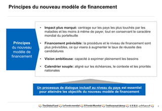 2 
Principes du nouveau modèle de financement 
• Impact plus marqué: centrage sur les pays les plus touchés par les 
maladies et les moins à même de payer, tout en conservant le caractère 
mondial du portefeuille 
• Financement prévisible: la procédure et le niveau de financement sont 
plus prévisibles, ce qui visera à augmenter le taux de réussite des 
candidatures 
• Vision ambitieuse: capacité à exprimer pleinement les besoins 
• Calendrier souple: aligné sur les échéances, le contexte et les priorités 
nationales 
Principes 
du nouveau 
modèle de 
financement 
Un processus de dialogue inclusif au niveau du pays est essentiel 
pour atteindre les objectifs du nouveau modèle de financement 
 