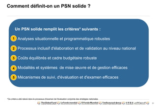 31 
Comment définit-on un PSN solide ? 
Un PSN solide remplit les critères* suivants : 
• Analyses situationnelle et programmatique robustes 
• Processus inclusif d'élaboration et de validation au niveau national 
• Coûts équilibrés et cadre budgétaire robuste 
• Modalités et systèmes de mise oeuvre et de gestion efficaces 
• Mécanismes de suivi, d'évaluation et d'examen efficaces 
1 
2 
3 
4 
5 
*Ce critère a été relevé dans le processus d'examen de l'évaluation conjointe des stratégies nationales 
 