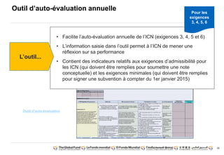 55 
• Facilite l’auto-évaluation annuelle de l’ICN (exigences 3, 4, 5 et 6) 
• L’information saisie dans l’outil permet à l’ICN de mener une 
réflexion sur sa performance 
• Contient des indicateurs relatifs aux exigences d’admissibilité pour 
les ICN (qui doivent être remplies pour soumettre une note 
conceptuelle) et les exigences minimales (qui doivent être remplies 
pour signer une subvention à compter du 1er janvier 2015) 
L’outil... 
Pour les 
exigences 
3, 4, 5, 6 
Outil d’auto-évaluation annuelle 
Outil d'auto-évaluation 
 
