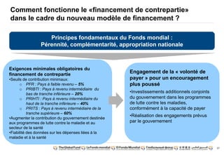 57 
Comment fonctionne le «financement de contrepartie» 
dans le cadre du nouveau modèle de financement ? 
Principes fondamentaux du Fonds mondial : 
Pérennité, complémentarité, appropriation nationale 
Exigences minimales obligatoires du 
financement de contrepartie 
•Seuils de contribution minimaux: 
o PFR : Pays à faible revenu – 5% 
o PRIBTI : Pays à revenu intermédiaire du 
bas de tranche inférieure – 20% 
o PRIHTI : Pays à revenu intermédiaire du 
haut de la tranche inférieure – 40% 
o PRITS : Pays à revenu intermédiaire de la 
tranche supérieure – 60% 
•Augmenter la contribution du gouvernement destinée 
aux programmes de lutte contre la maladie et au 
secteur de la santé 
•Fiabilité des données sur les dépenses liées à la 
maladie et à la santé 
Engagement de la « volonté de 
payer » pour un encouragement 
plus poussé 
•Investissements additionnels conjoints 
du gouvernement dans les programmes 
de lutte contre les maladies, 
conformément à la capacité de payer 
•Réalisation des engagements prévus 
par le gouvernement 
 