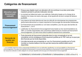 10 
Catégories de financement 
Allocation pays 
(financement 
indicatif) 
• Chaque pays éligible reçoit une allocation afin de contribuer à sa lutte contre la/les 
maladie/s pendant la période d’allocation donnée 
• Le montant est déterminé selon une méthode d’allocation basée sur la charge de la 
maladie et le niveau de revenu des pays, et est ajusté afin de tenir compte de facteurs 
qualitatifs 
• Une réserve de fonds distincte est mise de côté afin de récompenser les programmes 
performants démontrant un impact important et d’encourager les demandes ambitieuses 
• Ce financement est accessible sur une base compétitive, pour les pays des bandes de 
financement 1, 2 et 3 
• L’attribution du financement d’encouragement sera basée sur les recommandations du 
TRP. Le Comité d’approbation des subventions déterminera le montant de financement 
d’encouragement, qui sera inclus dans le plafond maximal de la subvention 
Financement 
d’encouragement* 
• Toute demande de financement présentée dans la note conceptuelle et qui est 
considérée comme stratégique et techniquement justifiée par le TRP mais qui ne peut pas 
être financée par les fonds disponibles 
• Une telle demande sera enregistrée en vue d’un financement possible par le Fonds 
mondial ou d’autres bailleurs une fois que des ressources additionnelles seront 
disponibles 
Demande de 
qualité non 
financée 
* Les candidats régionaux et les composantes bénéficiant d’une sur-allocation significative ne sont pas éligibles au financement 
d’encouragement. Les pays de la bande de financement 4 ne pourront pas prétendre au financement d’encouragement dès lors que 
les ressources allouées à cette catégorie ne sont pas réparties entre les pays et le financement d’encouragement. 
 
