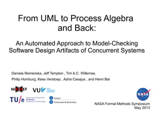 From UML to Process Algebra
and Back:
An Automated Approach to Model-Checking
Software Design Artifacts of Concurrent Systems
Daniela Remenska, Jeff Templon , Tim A.C. Willemse,
Philip Homburg, Kees Verstoep , Adria Casajus , and Henri Bal
NASA Formal Methods Symposium
May 2013
 