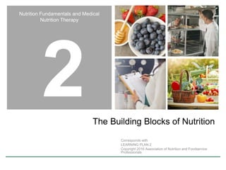 Nutrition Fundamentals and Medical
Nutrition Therapy
The Building Blocks of Nutrition
Corresponds with
LEARNING PLAN 2
Copyright 2016 Association of Nutrition and Foodservice
Professionals
 