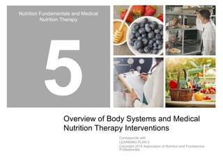 Nutrition Fundamentals and Medical
Nutrition Therapy
Overview of Body Systems and Medical
Nutrition Therapy Interventions
Corresponds with
LEARNING PLAN 5
Copyright 2016 Association of Nutrition and Foodservice
Professionals
 