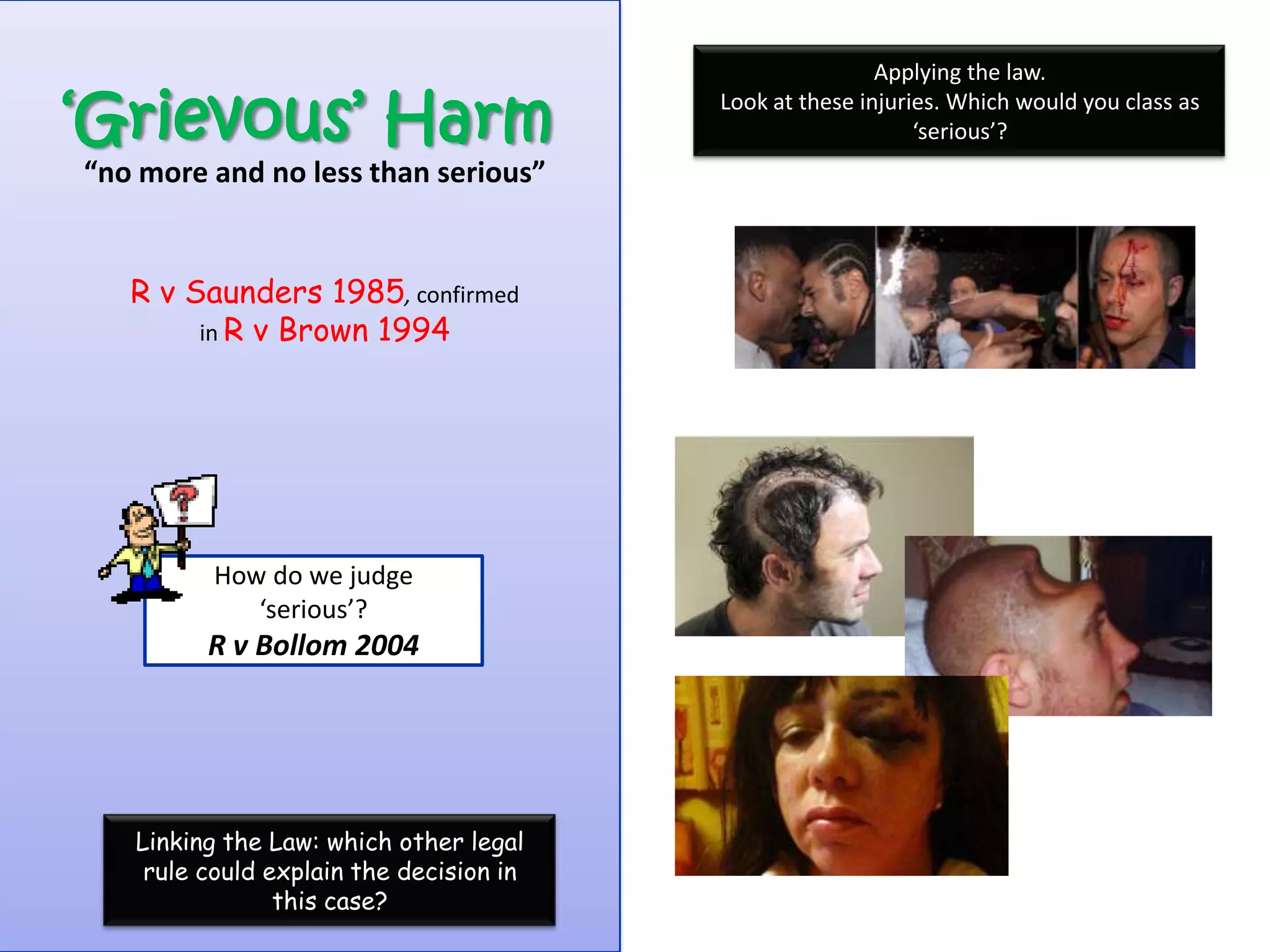Applying the law.

„Grievous‟ Harm                          Look at these injuries. Which would you class as
                                                             ‘serious’?
“no more and no less than serious”


   R v Saunders 1985, confirmed
        in R v Brown 1994




          How do we judge
             ‘serious’?
         R v Bollom 2004




   Linking the Law: which other legal
    rule could explain the decision in
                this case?
 