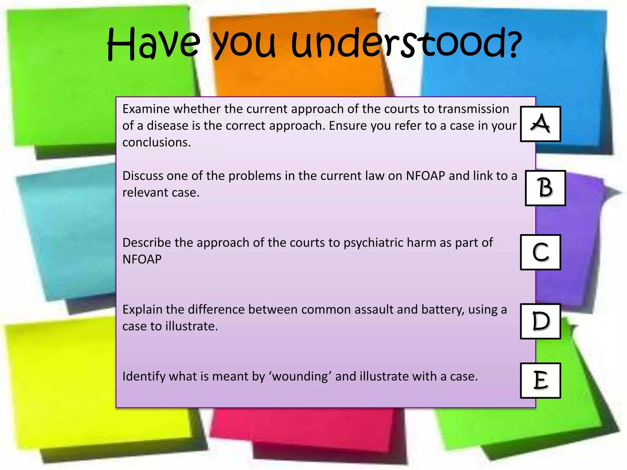 Have you understood?
Examine whether the current approach of the courts to transmission
of a disease is the correct approach. Ensure you refer to a case in your   A
conclusions.

Discuss one of the problems in the current law on NFOAP and link to a
relevant case.                                                             B

Describe the approach of the courts to psychiatric harm as part of
NFOAP                                                                      C

Explain the difference between common assault and battery, using a
case to illustrate.                                                        D

Identify what is meant by ‘wounding’ and illustrate with a case.           E
 