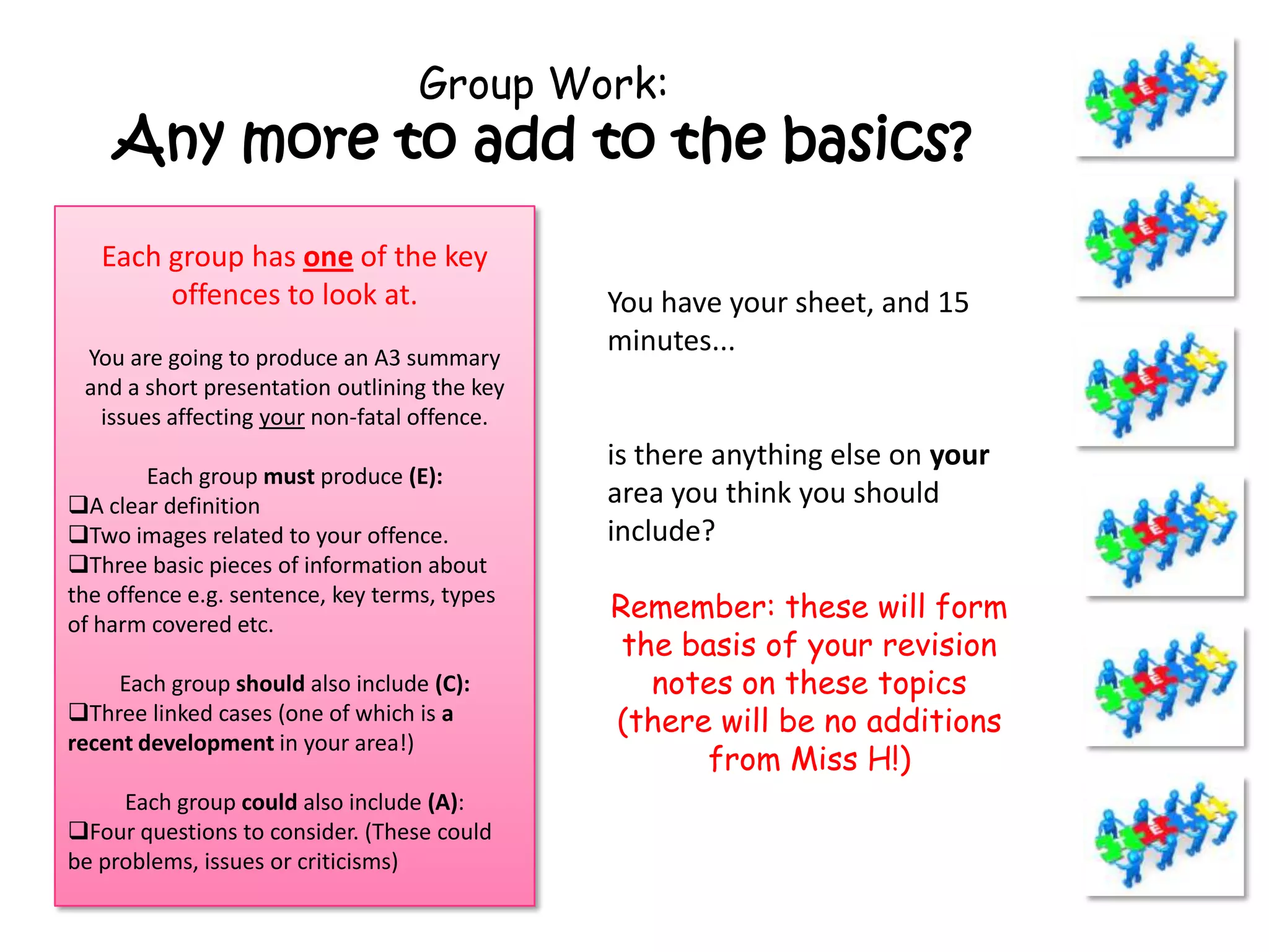 Group Work:
    Any more to add to the basics?
   Each group has one of the key
        offences to look at.                  You have your sheet, and 15
 You are going to produce an A3 summary
                                              minutes...
 and a short presentation outlining the key
  issues affecting your non-fatal offence.
                                              is there anything else on your
        Each group must produce (E):
A clear definition                           area you think you should
Two images related to your offence.          include?
Three basic pieces of information about
the offence e.g. sentence, key terms, types
of harm covered etc.
                                              Remember: these will form
                                               the basis of your revision
     Each group should also include (C):         notes on these topics
Three linked cases (one of which is a        (there will be no additions
recent development in your area!)
                                                    from Miss H!)
     Each group could also include (A):
Four questions to consider. (These could
be problems, issues or criticisms)
 