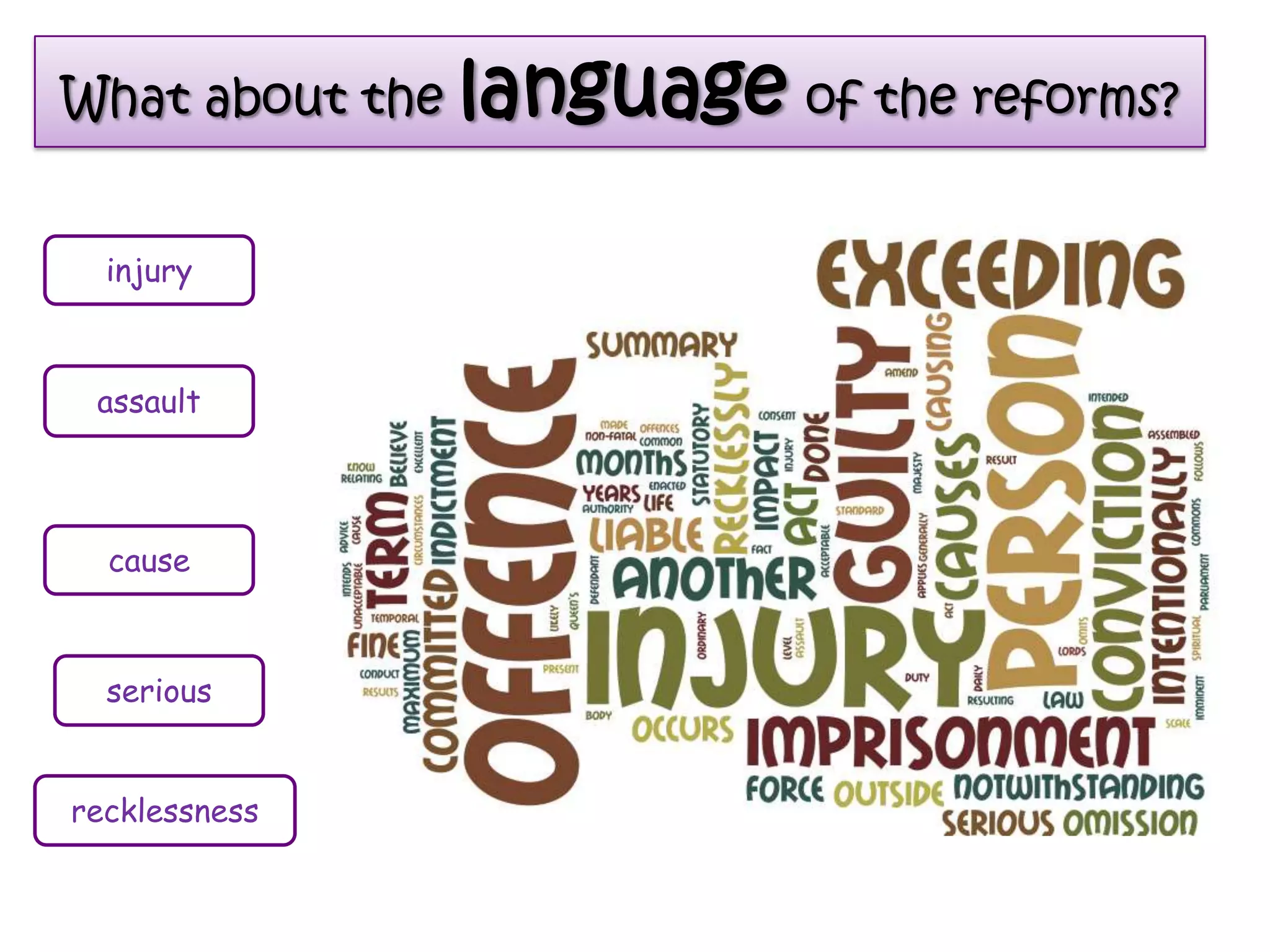 What about the language of the reforms?


  injury



 assault




  cause



  serious


recklessness
 