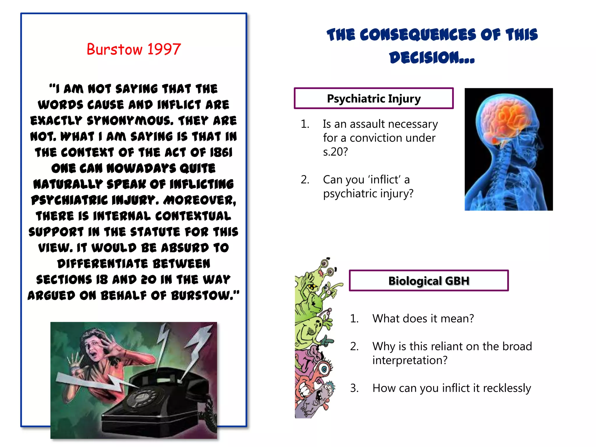 The consequences of this
decision…

Burstow 1997
“I am not saying that the
words cause and inflict are
exactly synonymous. They are
not. What I am saying is that in
the context of the Act of 1861
one can nowadays quite
naturally speak of inflicting
psychiatric injury. Moreover,
there is internal contextual
support in the statute for this
view. It would be absurd to
differentiate between
sections 18 and 20 in the way
argued on behalf of Burstow.”

Psychiatric Injury
1.

Is an assault necessary
for a conviction under
s.20?

2.

Can you „inflict‟ a
psychiatric injury?

Biological GBH
1.

What does it mean?

2.

Why is this reliant on the broad
interpretation?

3.

How can you inflict it recklessly

 
