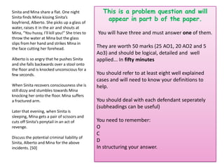 Sinita and Mina share a flat. One night
Sinita finds Mina kissing Sinita’s
boyfriend, Alberto. She picks up a glass of
water, raises it in the air and shouts at
Mina, “You hussy, I’ll kill you!” She tries to
throw the water at Mina but the glass
slips from her hand and strikes Mina in
the face cutting her forehead.
Alberto is so angry that he pushes Sinita
and she falls backwards over a stool onto
the floor and is knocked unconscious for a
few seconds.
When Sinita recovers consciousness she is
still dizzy and stumbles towards Mina
knocking her onto the floor. Mina suffers
a fractured arm.
Later that evening, when Sinita is
sleeping, Mina gets a pair of scissors and
cuts off Sinita’s ponytail in an act of
revenge.
Discuss the potential criminal liability of
Sinita, Alberto and Mina for the above
incidents. [50]

This is a problem question and will
appear in part b of the paper.
You will have three and must answer one of them.
They are worth 50 marks (25 AO1, 20 AO2 and 5
Ao3) and should be logical, detailed and well
applied... In fifty minutes
You should refer to at least eight well explained
cases and will need to know your definitions to
help.
You should deal with each defendant seperately
(subheadings can be useful)
You need to remember:
O
C
D
In structuring your answer.

 