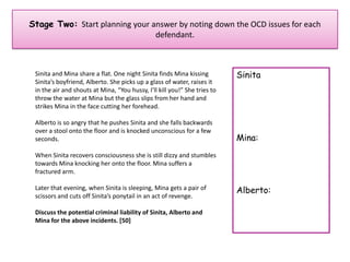 Stage Two: Start planning your answer by noting down the OCD issues for each
defendant.

Sinita and Mina share a flat. One night Sinita finds Mina kissing
Sinita’s boyfriend, Alberto. She picks up a glass of water, raises it
in the air and shouts at Mina, “You hussy, I’ll kill you!” She tries to
throw the water at Mina but the glass slips from her hand and
strikes Mina in the face cutting her forehead.
Alberto is so angry that he pushes Sinita and she falls backwards
over a stool onto the floor and is knocked unconscious for a few
seconds.

Sinita

Mina:

When Sinita recovers consciousness she is still dizzy and stumbles
towards Mina knocking her onto the floor. Mina suffers a
fractured arm.

Later that evening, when Sinita is sleeping, Mina gets a pair of
scissors and cuts off Sinita’s ponytail in an act of revenge.
Discuss the potential criminal liability of Sinita, Alberto and
Mina for the above incidents. [50]

Alberto:

 