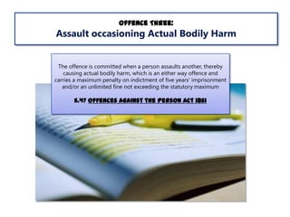 Offence Three:

Assault occasioning Actual Bodily Harm
The offence is committed when a person assaults another, thereby
causing actual bodily harm, which is an either way offence and
carries a maximum penalty on indictment of five years' imprisonment
and/or an unlimited fine not exceeding the statutory maximum

s.47 Offences Against the Person Act 1861

 