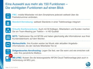 Eine Auswahl aus mehr als 150 Funktionen –
Die wichtigsten Funktionen auf einen Blick
FMC: mobile Mitarbeiter mit dem Smartphone jederzeit weltweit über die
Festnetznummer einbinden.
Standort-Vernetzung: weltweit Standorte in einer Telefonanlage integriert

Virtuelle Konferenzräume: Auch mit 50 Kollegen, Mitarbeitern und Kunden machen
Sie ein Team-Meeting per Telefon – in HD Qualität
NCTI: Telefonieren Sie mit NFON und haben gleichzeitig alle Informationen aus Ihrer
Kundendatenbank auf dem Monitor.
Warteschleife: Ihre Kunden warten bei Musik oder aktuellen Angebotsinformationen, bis der nächste Mitarbeiter frei ist

Zeitgesteuertes Anrufrouting: Legen Sie fest, wer Sie wann und wie erreichen soll
– oder Ihre persönliche Mailbox.
MS LYNC: Nutzen Sie die leistungsstarke NFON Cloud-Telefonanlage jetzt auch in
Verbindung mit MS Lync.

Seite 13 | 30.10.2013

 