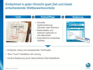 Einfachheit in jeder Hinsicht spart Zeit und bietet
entscheidende Wettbewerbsvorteile
Tarife

Rollout/Pflege
• Schnelle
Implementierung
(Stunden statt Wochen)
• Nebenstellen und
Optionen jederzeit zu
und abbuchbar
• Automatische kostenlose
Updates

• Einfaches, faires und transparentes Tarifmodell
• "Zero Touch"-Installation der Lösung
• Intuitive Bedienung durch übersichtliche Web-Oberfläche

Seite 15 | 30.10.2013

Bedienung

 
