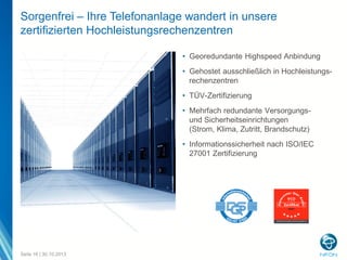 Sorgenfrei – Ihre Telefonanlage wandert in unsere
zertifizierten Hochleistungsrechenzentren
• Georedundante Highspeed Anbindung
• Gehostet ausschließlich in Hochleistungsrechenzentren

• TÜV-Zertifizierung
• Mehrfach redundante Versorgungsund Sicherheitseinrichtungen
(Strom, Klima, Zutritt, Brandschutz)
• Informationssicherheit nach ISO/IEC
27001 Zertifizierung

Seite 16 | 30.10.2013

 