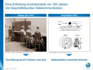 Eine Erfindung revolutionierte vor 100 Jahren
die Geschäftskunden-Telekommunikation
Status quo 1913

Hultman "on premise" Telefonanlage, Stockholm, um 1913

Vermittlung durch Fräulein vom Amt

Seite 2 | 30.10.2013

Innovation 1913

Nummernschalter, Siemens & Halske, April 1913

Selbstwählen innerhalb Ortsnetz

 