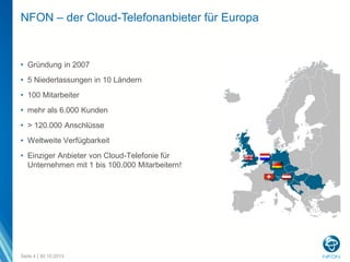 NFON – der Cloud-Telefonanbieter für Europa

• Gründung in 2007

• 5 Niederlassungen in 10 Ländern
• 100 Mitarbeiter

• mehr als 6.000 Kunden
• > 120.000 Anschlüsse
• Weltweite Verfügbarkeit
• Einziger Anbieter von Cloud-Telefonie für
Unternehmen mit 1 bis 100.000 Mitarbeitern!

Seite 4 | 30.10.2013

 