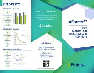 nForcer™
NEXT
GENERATION
DRILLING FLUID
ADDITIVES
nFluids Inc
253147 Bearspaw Rd
Calgary | Alberta | Canada
info@nfluids.com
FIELD PILOTS
FIELD CASE 1 - CANADA
nFluids Inc.
253147 Bearspaw Rd
Calgary, Alberta, Canada
nfluids.com
info@nfluids.com
+1 403 617 4357
© 2018 nFluids Inc. All rights reserved.
WANT TO LEARN MORE?
To learn more about the nFluids
technology or to discuss field trials,
please visit nfluids.com
Mud losses
-30%
Oil on cuttings
-38%
Directional wells
9
0.0
0.5
1.0
1.5
2.0
2.5
3.0
MudLossesper100mDrilled
Without nForcer With nForcer
FIELD CASE 2 - CANADA
2200
0.10
Friction Coefficient (au)
MeasuredDepth(m)
0.20 0.30
2400
2600
2800
3000
3200
3400
nForcer added
Prior to nForcer
addition
nForcer addition
stopped
nForcer addition
resumed
Mud losses
-30%
ROP
+50%
Directional wells
2 600
1000
1400
1800
2200
2600
3000
3400
MeasuredDepth(m)
Drilling Time
Test well
Control well
FIELD CASE 3 - NORTH SEA
Mud losses
-30%
Friction
-20%
Offshore well
1
 