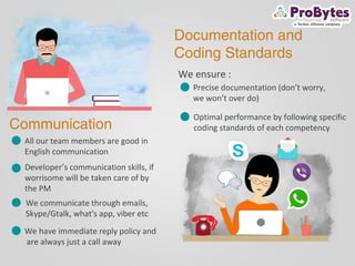 Documentation and
Coding Standards
We ensure :
Precise documentation (don’t worry,
we won’t over do)
Optimal performance by following specific
coding standards of each competencyCommunication
All our team members are good in
English communication
Developer’s communication skills, if
worrisome will be taken care of by
the PM
We communicate through emails,
Skype/Gtalk, what's app, viber etc
We have immediate reply policy and
are always just a call away
 