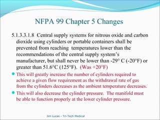 NFPA 99 Chapter 5 Changes 
5.1.3.3.1.8 Central supply systems for nitrous oxide and carbon 
dioxide using cylinders or portable containers shall be 
prevented from reaching temperatures lower than the 
recommendations of the central supply system’s 
manufacturer, but shall never be lower than -29° C (-20°F) or 
greater than 51.6°C (125°F). (Was +20°F) 
This will greatly increase the number of cylinders required to 
achieve a given flow requirement as the withdrawal rate of gas 
from the cylinders decreases as the ambient temperature decreases. 
This will also decrease the cylinder pressure. The manifold must 
be able to function properly at the lower cylinder pressure. 
Jim Lucas - Tri-Tech Medical 
 
