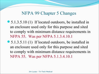 NFPA 99 Chapter 5 Changes 
5.1.3.5.10 (1) If located outdoors, be installed in 
an enclosure used only for this purpose and sited 
to comply with minimum distance requirements in 
NFPA 55. Was per NFPA 5.1.3.4.10.1 
5.1.3.5.11 (1) If located outdoors, be installed in 
an enclosure used only for this purpose and sited 
to comply with minimum distance requirements in 
NFPA 55. Was per NFPA 5.1.3.4.10.1 
Jim Lucas - Tri-Tech Medical 
 