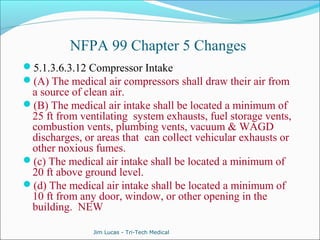 NFPA 99 Chapter 5 Changes 
5.1.3.6.3.12 Compressor Intake 
(A) The medical air compressors shall draw their air from 
a source of clean air. 
(B) The medical air intake shall be located a minimum of 
25 ft from ventilating system exhausts, fuel storage vents, 
combustion vents, plumbing vents, vacuum & WAGD 
discharges, or areas that can collect vehicular exhausts or 
other noxious fumes. 
(c) The medical air intake shall be located a minimum of 
20 ft above ground level. 
(d) The medical air intake shall be located a minimum of 
10 ft from any door, window, or other opening in the 
building. NEW 
Jim Lucas - Tri-Tech Medical 
 