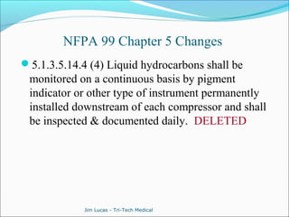 NFPA 99 Chapter 5 Changes 
5.1.3.5.14.4 (4) Liquid hydrocarbons shall be 
monitored on a continuous basis by pigment 
indicator or other type of instrument permanently 
installed downstream of each compressor and shall 
be inspected & documented daily. DELETED 
Jim Lucas - Tri-Tech Medical 
 