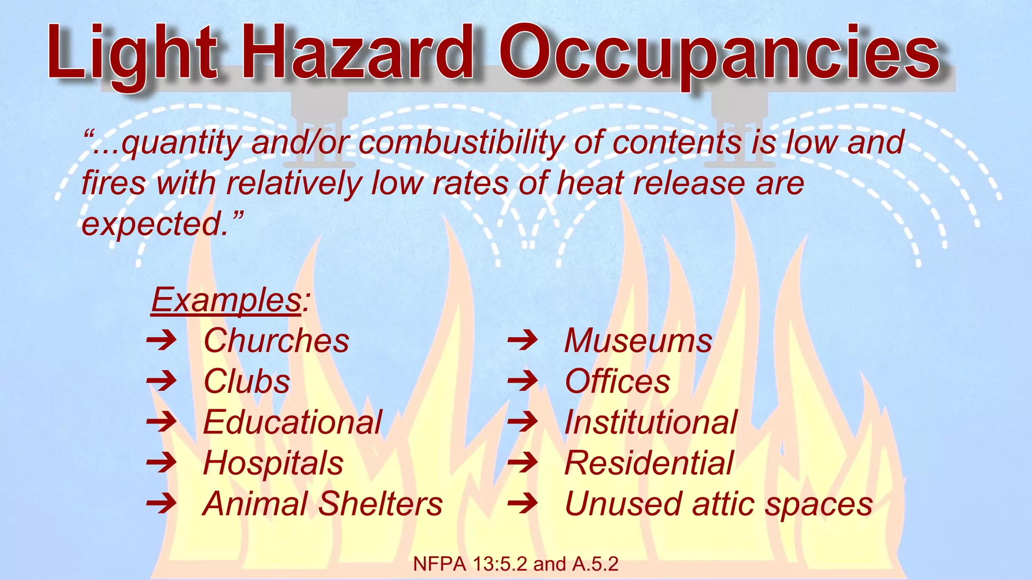 NFPA 13:5.2 and A.5.2
“...quantity and/or combustibility of contents is low and
fires with relatively low rates of heat release are
expected.”
Examples:
➔ Churches
➔ Clubs
➔ Educational
➔ Hospitals
➔ Animal Shelters
➔ Museums
➔ Offices
➔ Institutional
➔ Residential
➔ Unused attic spaces
 