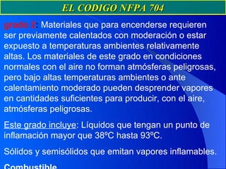 EL CODIGO NFPA 704
grado 2: Materiales que para encenderse requieren
ser previamente calentados con moderación o estar
expuesto a temperaturas ambientes relativamente
altas. Los materiales de este grado en condiciones
normales con el aire no forman atmósferas peligrosas,
pero bajo altas temperaturas ambientes o ante
calentamiento moderado pueden desprender vapores
en cantidades suficientes para producir, con el aire,
atmósferas peligrosas.
Este grado incluye: Líquidos que tengan un punto de
inflamación mayor que 38ºC hasta 93ºC.
Sólidos y semisólidos que emitan vapores inflamables.
 